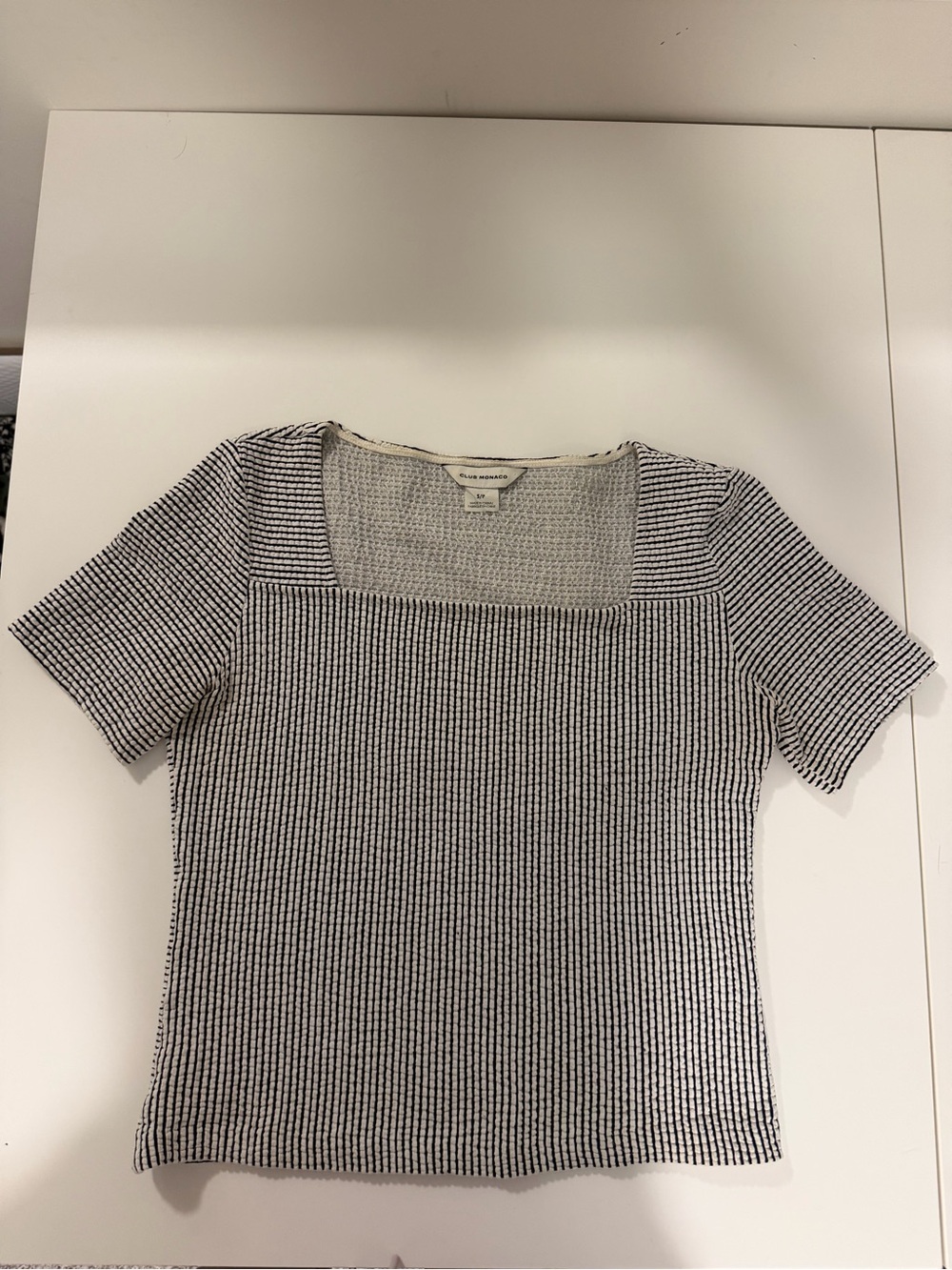 Club Monaco Black & White Striped Square-Neck Short Sleeve Top
